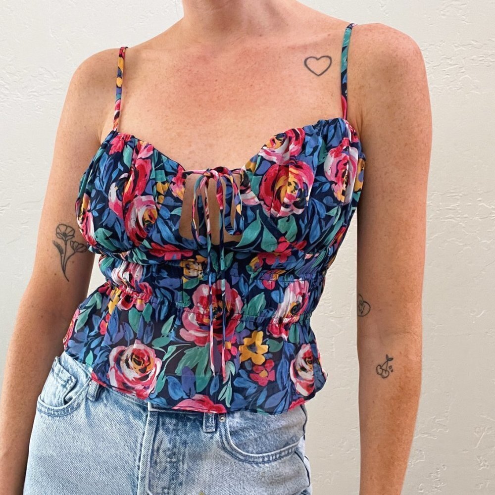 Revolve Lovers + Friends Blue Floral Front Tie Sweetheart Cropped Top